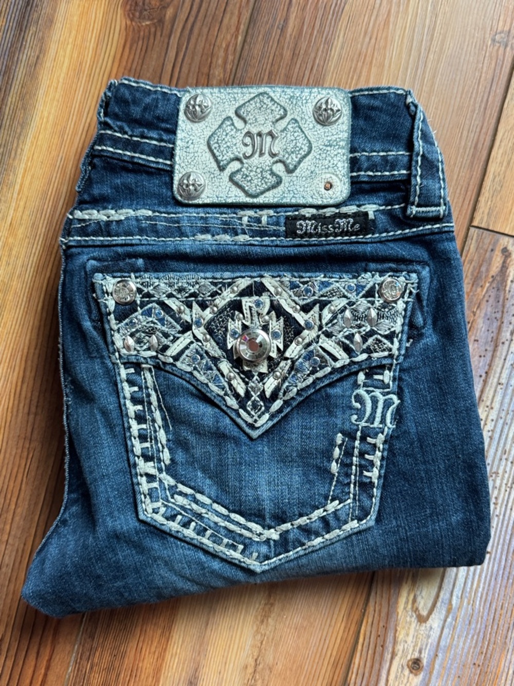 Miss Me Dark Blue Embroidered Pocket Jeans with Silver Accents